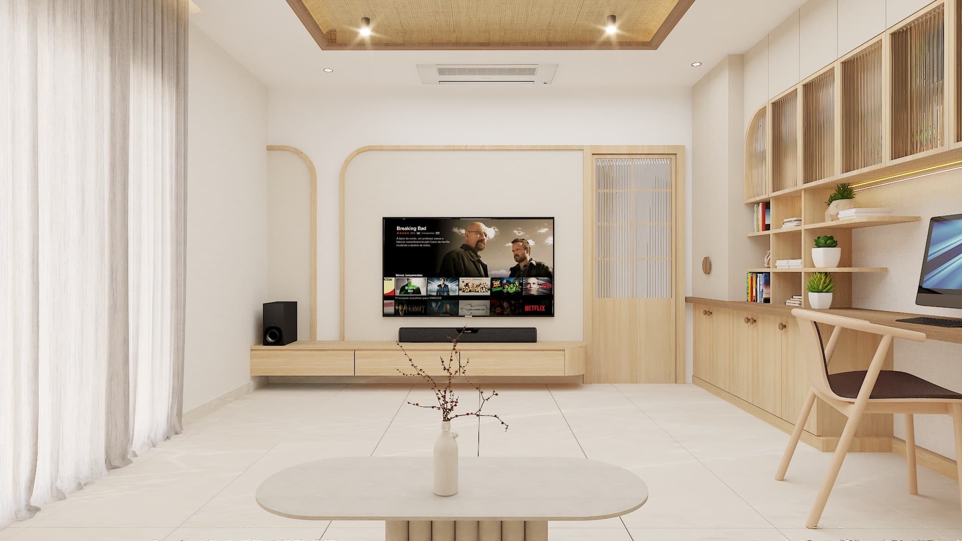 Forest Nest — master bedroom with TV wall and a study / work area.