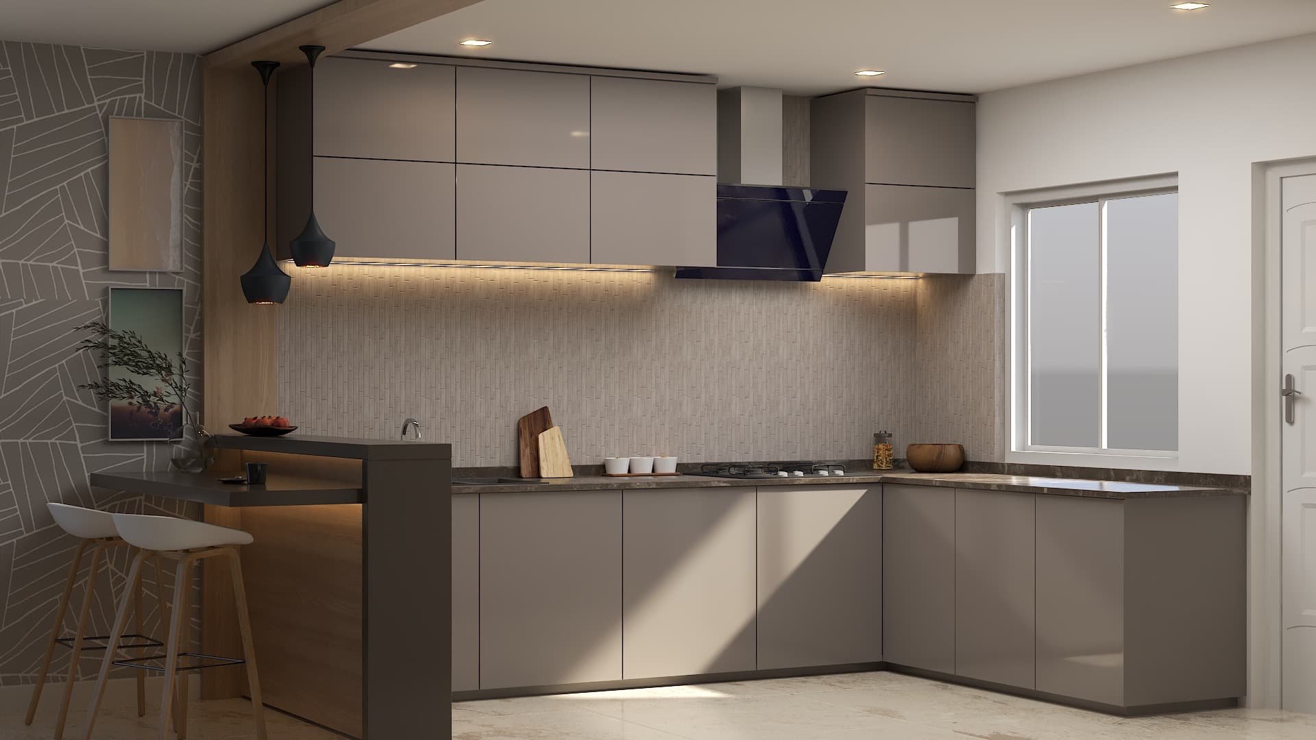 Aadhya — kitchen with custom cabinetry and detail lighting.