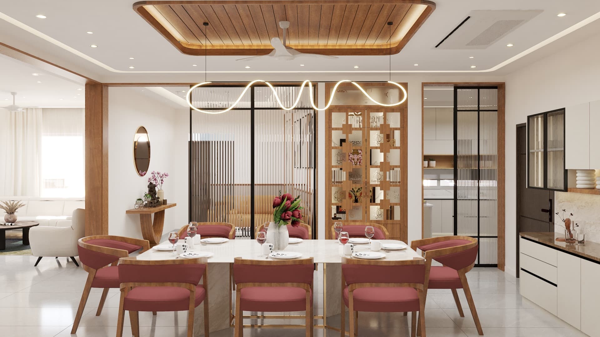 Dining area — integrated lighting and stone surfacing.