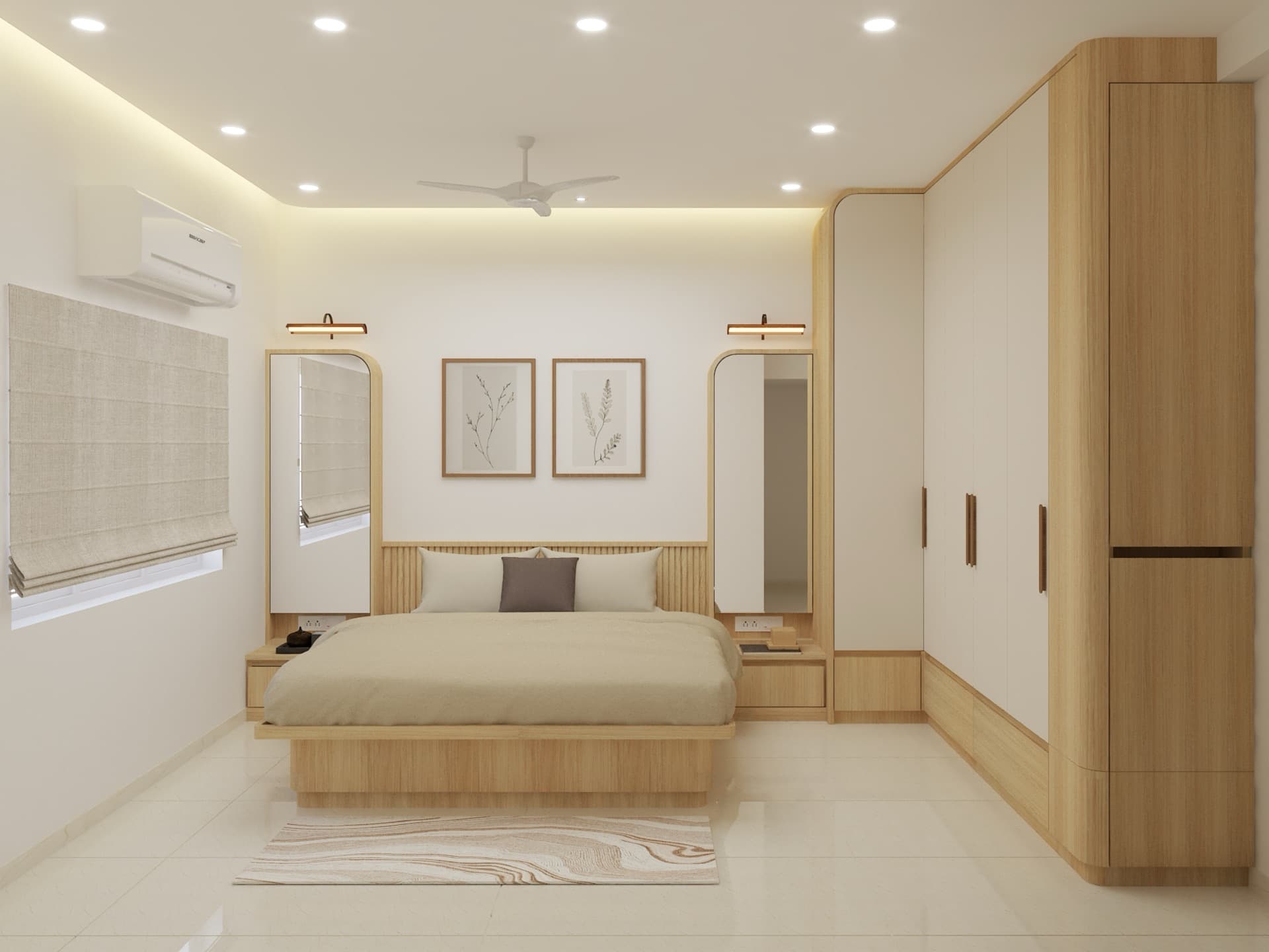 Master bedroom — warm finishes and custom storage surround.