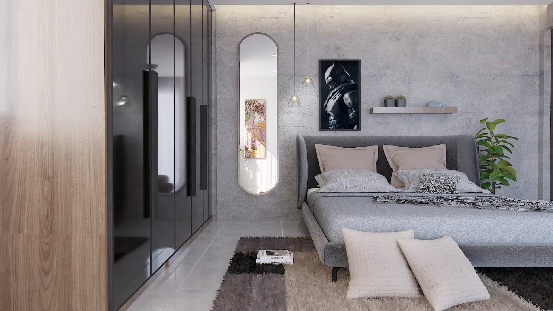 Bedroom concept — finishes and headboard wall.